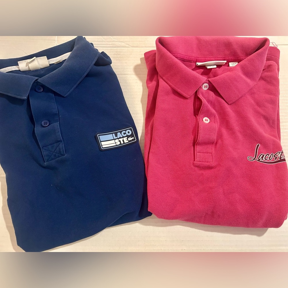 Lot 2 Lacoste Slim Fit Polo Shirts FR7 US XXL Blue Badge Fuchsia Signature Piqué